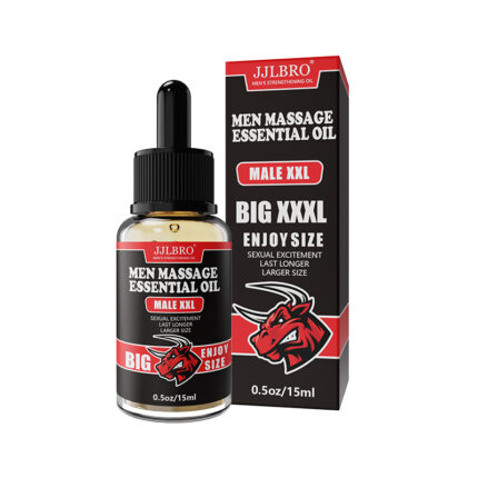 A bottle and box of Cattle Head Enlargement Massage Oil Private Nourishing&Repairing Essence are displayed. The packaging is black and red, featuring a graphic of a dragon. The text highlights features such as "Male XXL", "Big XXXL", "Enjoy Size", and "Sexual Excitement Last Longer Larger Size". The bottle size is 0.5oz/15ml.