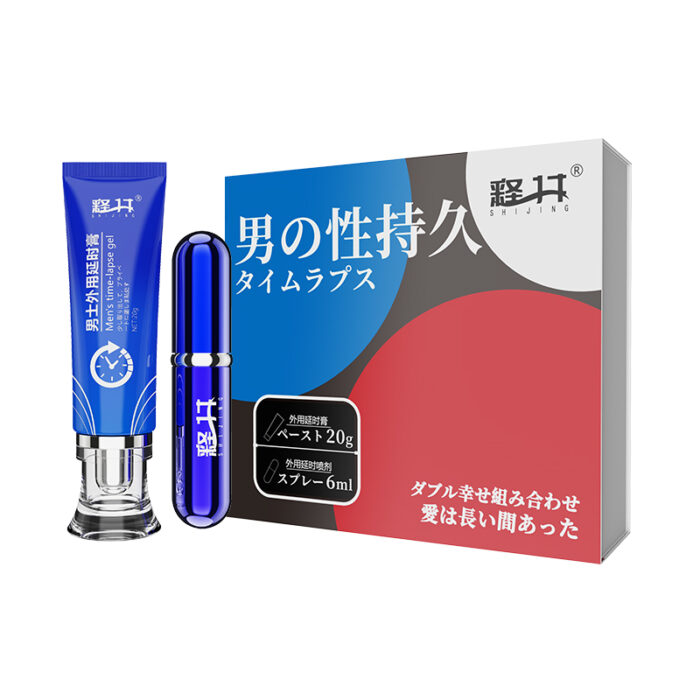 Image of the Couple's Intimate Enhancement Kit - Time Control Solution featuring products for male longevity. The items include a blue and purple tube adorned with a clock graphic, alongside a small blue spray bottle. The box, which has Japanese text and a small display window, shows both the 20g cream container and the 6ml spray.