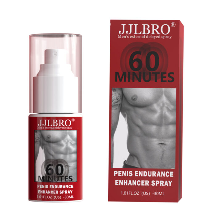 A red and white box and bottle of Strong Man Delay Spray, labeled for "60 minutes." The packaging features a partial image of a muscular male torso. The product contains 1.01 fl. oz (30 ml) and is marketed as an external delay spray for men.