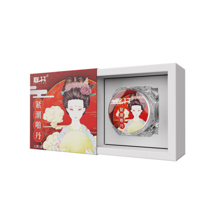 A decorative box with a red, floral-themed design features an illustration of a woman with a traditional Chinese hairstyle, holding a yellow orb. The open box reveals a clear container inside, adorned with a matching label. Text is visible on both the box and the container for the product named "Love Side Female Contraction Tight Vaginal Tightening Moisturizing Pussy Gel Tightening Pill Gel Pink Ball Female Use Shi Jing Pleasure Pill (Diamond Rose Pill Version) 0.6g*1.