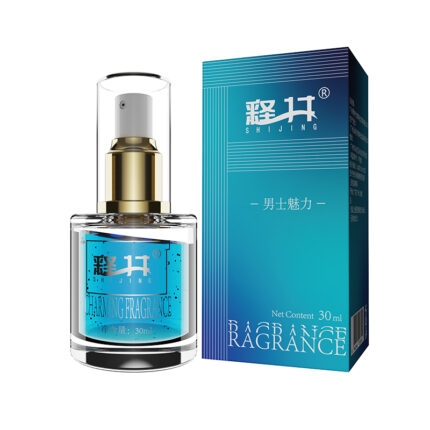 A 30ml bottle of "Perfume 30ml Men's Charm Perfume Women's Fragrant Perfume Shi Jing Men's Charm Perfume" stands next to its matching blue and white box packaging. The bottle has a gold pump and a clear container, revealing the blue liquid inside. The box features product information and branding in white text.