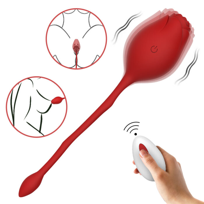 A Female Wireless Charging Rose Flower Jumping Egg Vibrator Remote Control Jumping Egg Masturbator, featuring a red, tulip-shaped design with a long, flexible stem and a wireless remote control. The inset illustrations display the vibrating ends being used on various parts of the body; one end has a rosebud-like design while the other end is simple and rounded.