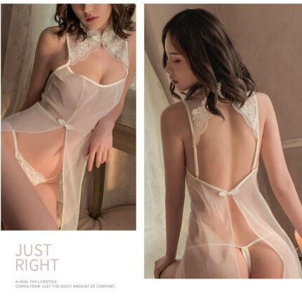 A woman models the Transparent Mesh Temptation Sexy Pajamas in a split image. On the left, she is seated sideways, showcasing the sheer white outfit adorned with lace details. On the right, her back and cascading hair are highlighted. The text on the image reads "Just Right" with a smaller note about lifestyle and comfort.