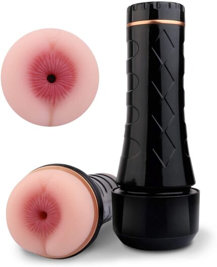 An image of the Male Masturbators Cup Bulge Texture Tunnel, a sex toy featuring a cylindrical black casing and a realistic flesh-colored orifice. The toy has a detachable cap, allowing for detailed visibility of the orifice design next to it. The casing includes textured grips and a lanyard hole at the end.