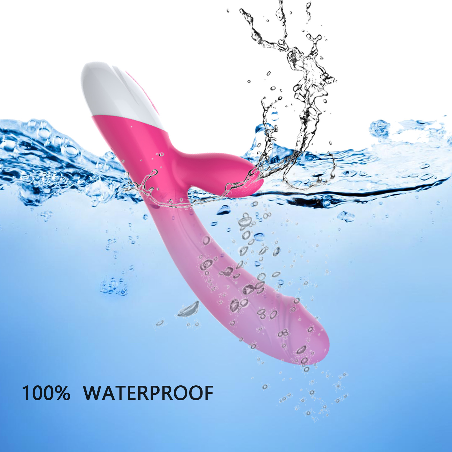 The Sex Toys Vibrators for Women G Spot Vibrator Partner Toys for Adult Pleasure Stimulator GM-ZDB009, featuring a pink waterproof design, is submerged in water, creating splashes and bubbles. With its curved shape and additional extension, it has a partially white end. In the bottom left corner, the text reads "100% WATERPROOF.