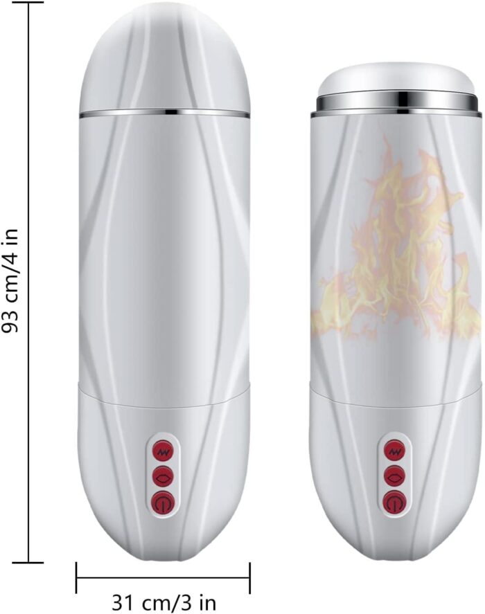 Two white cylindrical devices with red buttons on the front, arranged side by side. The left device is labeled with vertical dimensions of 93 cm (4 in) and horizontal dimensions of 31 cm (3 in). The right device, which has a flame graphic on the upper section, is part of the Male Masterbators Penis Pump Sex Toy series featuring vibrating thrusting & sucking modes for hands-free use.