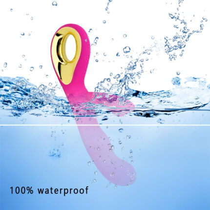 This is a pink and gold adult toy with a stylish, modern design. The toy features a curved main shaft specifically designed for internal and G-spot stimulation. The top has a gold ring handle for easy grip and maneuverability. The toy is fully waterproof, making it suitable for use in water, enhancing its convenience and versatility. The image shows the toy in water, highlighting its 100% waterproof feature. The overall design is ergonomic, aimed at providing enhanced sexual pleasure through its unique shape and dual stimulation functions.