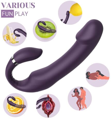 An image features the G Spot Vibrator for Women, a purple ergonomic adult toy with various usage options displayed, including interaction with fruits like a banana, kiwi, and orange. Illustrations further hint at different ways this vibrating stimulation sex toy can be used during intimate activities. The text reads "VARIOUS FUN PLAY.