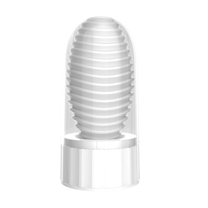 The Male Sex Toy Adult Toys Male Masturbation Male Masturbators Cup is a white, ribbed, cylindrical object encased in a clear plastic cover and set on a glossy, round base. The ridges on the masturbator taper off towards the top, giving it a beehive-like appearance.