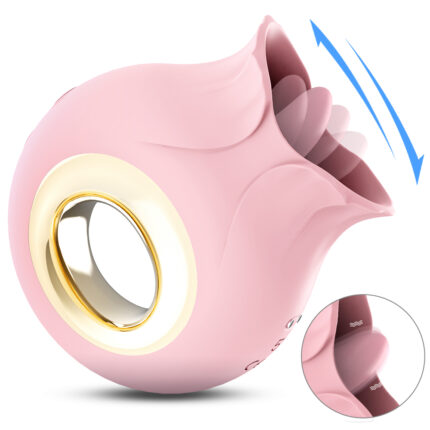 A pink, rose-shaped personal massager named the Tongue Licking Vibrators, 9 Modes, G Spot Clitoral Nipple Stim (model: French Kiss SHD-S376), featuring a ring handle and gold detailing is shown. The device has petal-like structures on top and a small circular inset showcasing its movement with blue arrows depicting the vibration motion.