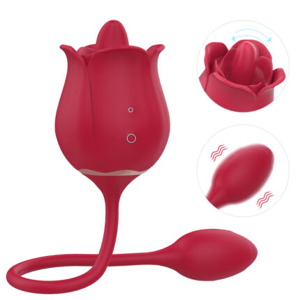 A red, rose-shaped sex toy with an attached bulb and flexible stem. Two inset images highlight its vibrating features and the movement of the petal-shaped top. The toy has a sleek, smooth design.