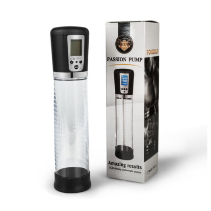 Image of a product labeled "Erection aid, electric assisted." It is shown both as a physical device and on its packaging. The device features a clear cylindrical body with a black digital control top. The packaging highlights features such as an LCD display and automatic functionality.