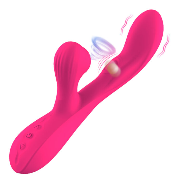 A pink silicone dual-action vibrator, named the Sex Toys Vibrators for Women Clitoral G Spot Vibrator Partner Toys for Adult Pleasure Stimulator, features two flexible ends designed for both internal and external use. It boasts textured surfaces for added stimulation and includes control buttons on the handle. Vibrational waves are depicted on both ends to illustrate functionality.