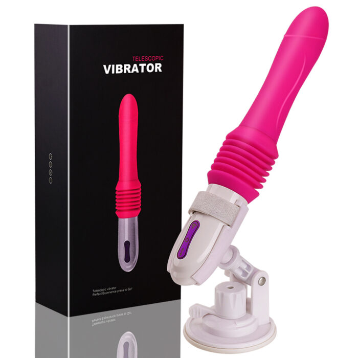 This is a pink telescopic vibrator with a sleek, modern design. The toy features a slender, ribbed shaft intended for internal stimulation, capable of both vibrating and telescoping movements. The base of the toy is equipped with a white suction cup mount, allowing for secure, hands-free use. A control panel is located near the base for adjusting settings. The packaging box, shown alongside the toy, is black with an image of the vibrator and the text "Telescopic Vibrator" displayed prominently. The overall design is ergonomic and user-friendly, aimed at providing enhanced sexual pleasure through its dual functions.