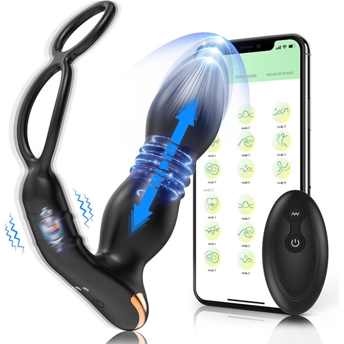 The Anal King 2nd Generation Double Ring Telescopic Remote Control APP Prostate Massager Locking Sperm Ring Anal Plug Vibrator in black. The toy is accompanied by a remote control and a smartphone showcasing various control settings. Blue arrows display the movement direction on the toy, and blue motion lines indicate vibration. Both the remote control and the phone are positioned next to the toy on a white background.