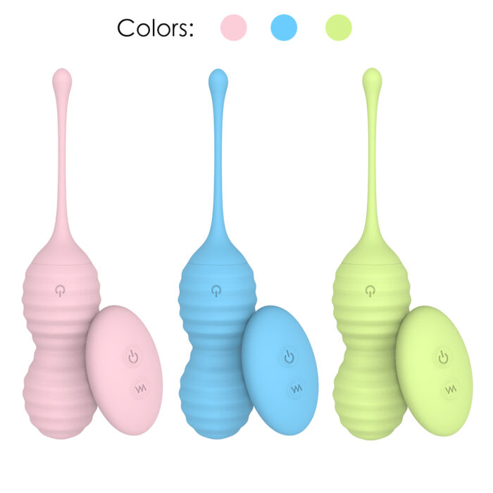 Three vibrant Ball Vibrators with Remote Control are displayed against a white background. The devices come in pink, blue, and light green, each featuring a ridged texture and a curved attachment. Above the devices, colored dots represent the available colors.