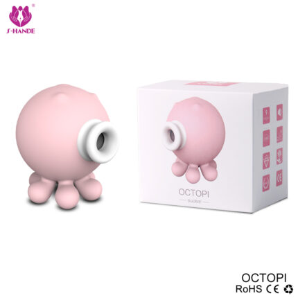 A pink, octopus-shaped toy called "Clitoralis Stimulator" with a suction cup mouth, placed next to its matching box. The box features the same octopus illustration and displays various icons and certifications.