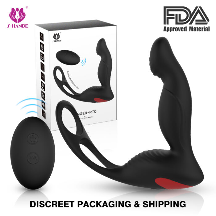 Image of the Vibrating Prostate Massager Anal Toy, a black, waterproof personal P-Spot vibrator with a remote control for hands-free play, positioned next to its packaging. The box features product illustrations and branding. Text on the right states "FDA Approved Material," while the bottom text reads "DISCREET PACKAGING & SHIPPING.