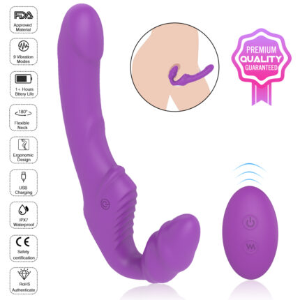 A purple curved wearable vibrator with control buttons is shown along with a remote control. Icons on the left highlight features: FDA approved material, 9 vibration modes, 1-hour battery life, flexible neck, ergonomic design, IPX7 waterproof, USB charging, and safety certification. A "Premium Quality Guaranteed" badge is on the right. An inset shows the vibrator being worn.