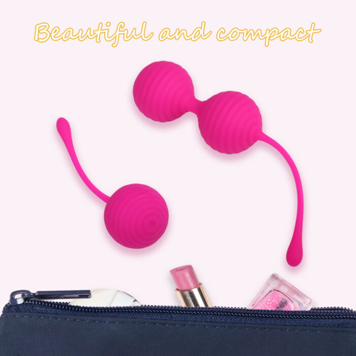 A pair of pink Handheld USB Rechargeable Love Egg Toys with textured surfaces and attached retrieval strings rest on a light background. The words "Beautiful and compact" are written above in a cursive font. Below the love egg toys are partially visible items in a zippered bag, including lipstick and nail polish.