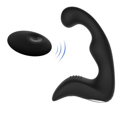 The LANDY-RCT is displayed with its black, curved and textured design, ideal for internal stimulation. Alongside it is a matching black wireless remote control featuring a single button. Blue waves illustrate the wireless connection between the Sex Toys, Vibrators for Women G Spot Vibrator and the remote.