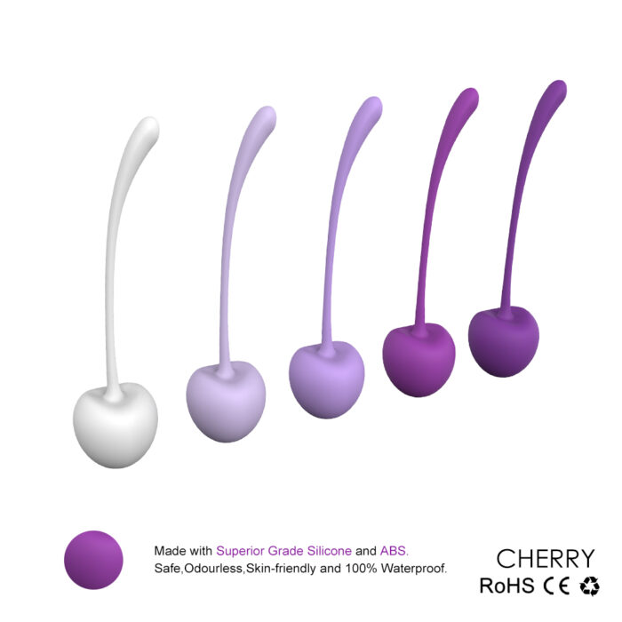 This set of five Kegel exercise balls, each featuring a long stem, is designed with a gradient color spectrum from light purple to dark purple. Crafted from high-quality silicone and ABS material, these balls are safe, odorless, skin-friendly, and 100% waterproof. They come with RoHS and CE certifications along with a Cherry label. The full product name is Handheld USB Rechargeable Love Egg Toy, Silicon Waterproof Toys for Women's Relaxation SHD-S011-Cherry.