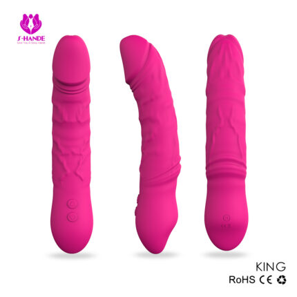 Three views of the Vibrating Dildo Vibrator for clitoral stimulation, shown in pink textured silicone, on a white background. The left view displays the front side with visible buttons, the middle view captures a side profile highlighting its curvature, and the right view reveals the back. Logos and certifications are also visible.