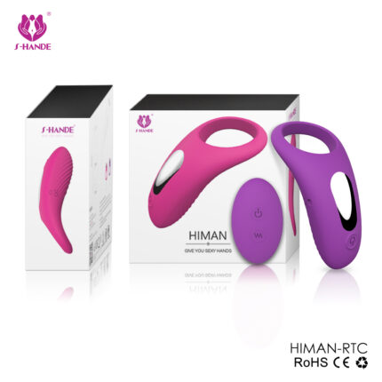 The image displays S-Hande's HIMAN-RCT product, a set of ergonomic purple and pink adult toys including a remote control prostate vibration massager, penis ring, and anal stimulator. The toys are shown with their packaging, which features product images and branding. The product is certified with RoHS and CE marks.