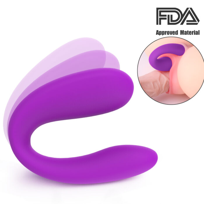 The Sex Toys, Vibrators for Women G Spot Vibrator - VIBE is shown in purple, with a C-shaped design made from FDA-approved material. An inset image highlights its flexible and bendable structure in use. The toy seems intended for internal pleasure, featuring smooth surfaces to ensure comfort.