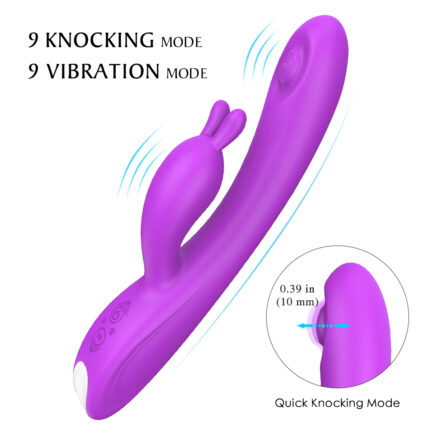 The Candy sex toy, a purple G-spot vibrator designed for women, features dual vibration and knocking modes with 9 settings each. The design includes a main shaft and a smaller rabbit-shaped external stimulator. The image highlights a close-up of the device's tip, noting a 10 mm (0.39 in) knocking mode.