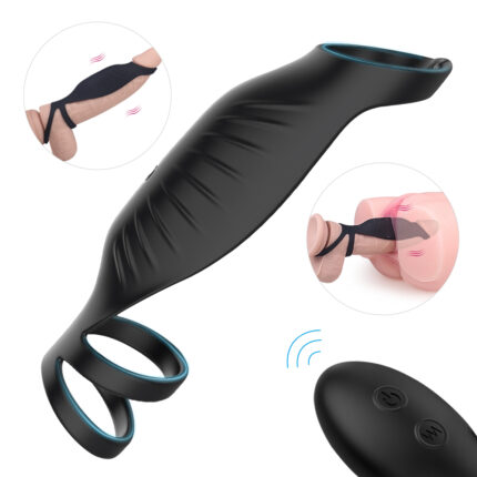 Image of the Male Remote Vibrating Cock Silicone Sleeve Ring Delay Ejacul， Carnivore-RCT, a black silicone wearable device featuring two rings, presumably designed for intimate use. One section depicts it being worn on an erect penis, with one ring at the base and another around the testicles. Another section shows it alongside its remote control.