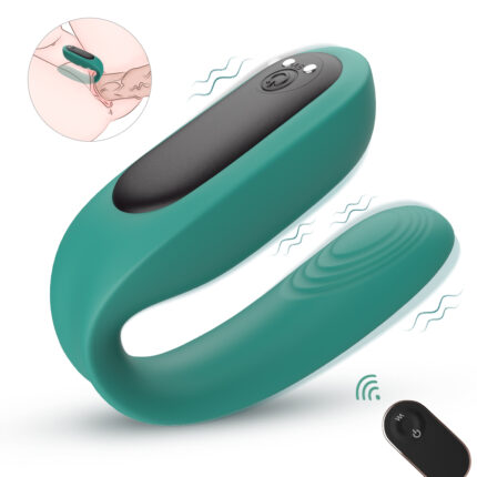 A teal and black U-shaped personal massager with control buttons on one side. The inset illustration shows the device in use on a human body. A small remote control device with a signal icon is shown nearby.