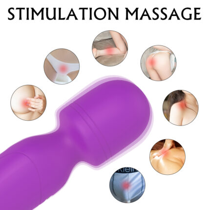 A purple massage wand is featured. Around the wand are six circles showing different body parts (back, buttocks, thighs, neck, arm, shoulder) receiving massage with red highlights indicating targeted areas for relief. Text at the top reads "STIMULATION MASSAGE.