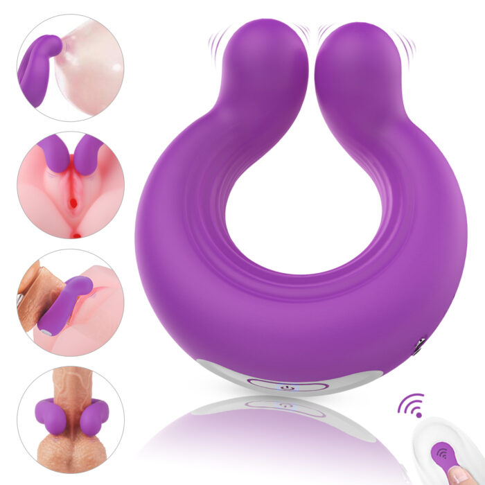 Purple dual-ended vibrating U-shaped sex toy for couples, designed for both clitoral and G-spot stimulation. The image features the product along with several insets showing various uses and positions. The toy is made from body-safe silicone and includes a remote control for easy operation. It is shown in a vibrant purple color and offers multiple vibration settings for customizable pleasure. Ideal for enhancing intimacy between partners, this versatile sex toy can be used in different ways to stimulate various erogenous zones.