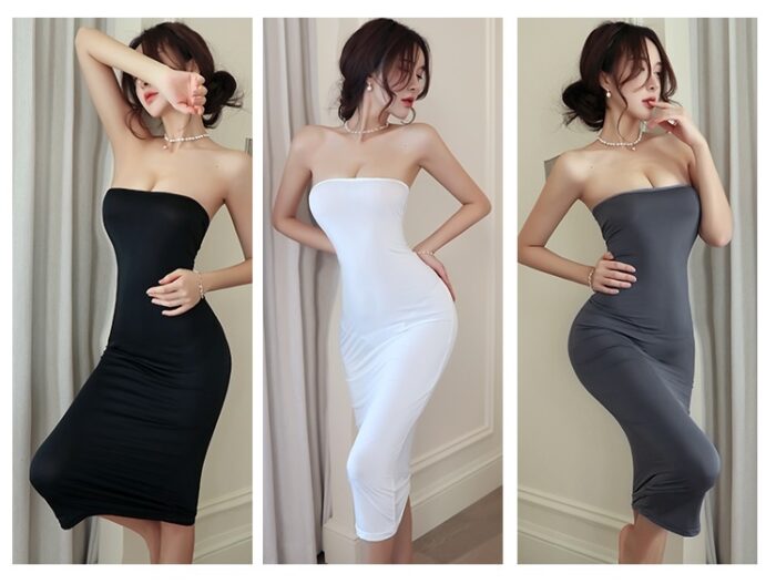 A woman is posing in three different sexy ice silk backless pajamas: black, white, and gray. Each image shows her standing with one arm bent to touch her face or head, emphasizing the fit and style of the outfit. She is accessorized with a pearl necklace in all images.