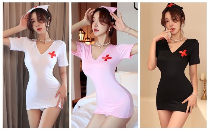 Three images depict the same woman showcasing a nurse-themed costume called "Sexy lingerie, female role play, sexy short skirt, female nurse uniform temptation suit" in three different colors: white, pink, and black. Each outfit is a short, form-fitting dress featuring red crosses on the chest and comes with a matching nurse hat. She poses with one hand on her hat.