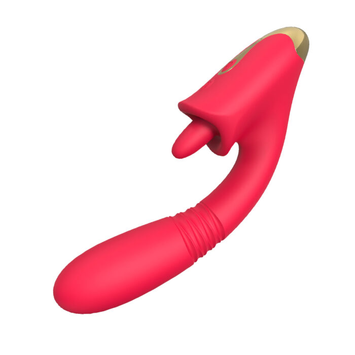 Introducing the Clitoral Vibrator Female AV Wand Women G-spot Stimulator – a sleek, red silicone adult toy with a smooth, curved design and a smaller nub near the base. The top features an elegant gold accent. This rechargeable vibrator offers powerful vibrations and is perfect for clit and labia massage, ensuring an unforgettable orgasmic experience. Ideal for both individual enjoyment and couples' play. Plus, it's waterproof for added versatility in any setting.