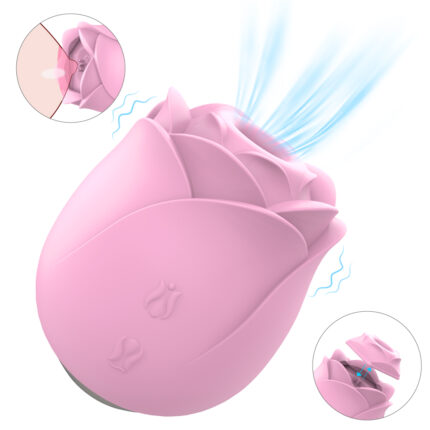 A pink Rose Sucking Vibrator, resembling a delicate flower with prominent petal design—perfectly named the Immortal Flower. Inset images reveal detailed internal functionality of this clitoral massager, showcasing its air stimulation and vibration features. Blue lines highlight the airflow mechanism while wavy lines denote the vibrational effects. This enticing device is also available in a second color option.