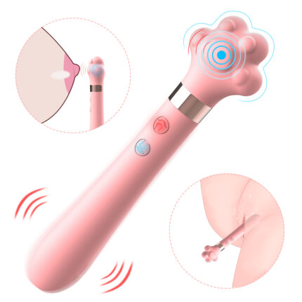 A pink, paw-shaped personal massager with two buttons. The image shows the massager being used on skin surface, with vibrations and pulses illustrated. Inset circles magnify the usage areas, emphasizing functionality and targeted massage points.