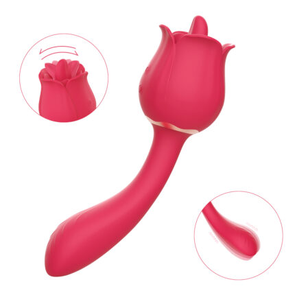 A red rose-shaped vibrator is displayed with highlights showing its features. The main body is curved with a bulbous end, and the rose tip has petals that can open and close. Two circular insets emphasize the petals' movement and the texture of the body.