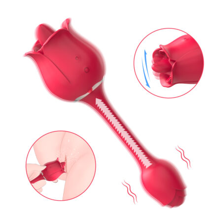 A red tulip-shaped vibrator with an elongated handle is displayed. Inset illustrations show the flexible petals at the top and the vibrating motor at the base. Another small inset demonstrates its intended use for external stimulation on a human body.