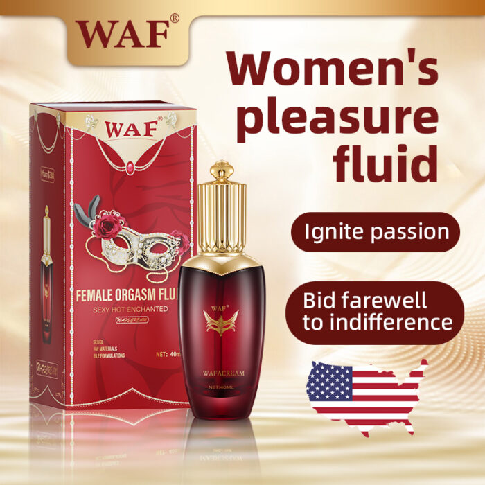 Advertisement for Female Orgasm Enhancer Liquid Women's Fast Feeling Sexual Lubricant. The image features the product packaging, which includes a red box alongside a bottle of the lubricant. The text on the image reads, "Women's pleasure fluid. Ignite passion. Bid farewell to indifference." An American flag is also displayed.