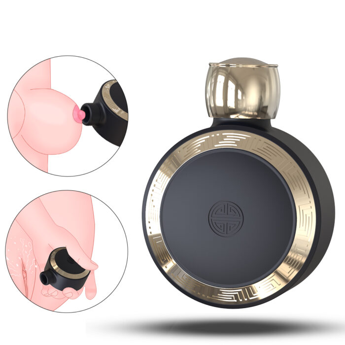 A sleek, round black bottle with a golden cap and decorative border. Surrounding the bottle are two circular insets showing illustrations of the Clitoralis Stimulator for Women Licking Sucking Toy being applied to a finger and onto the skin.