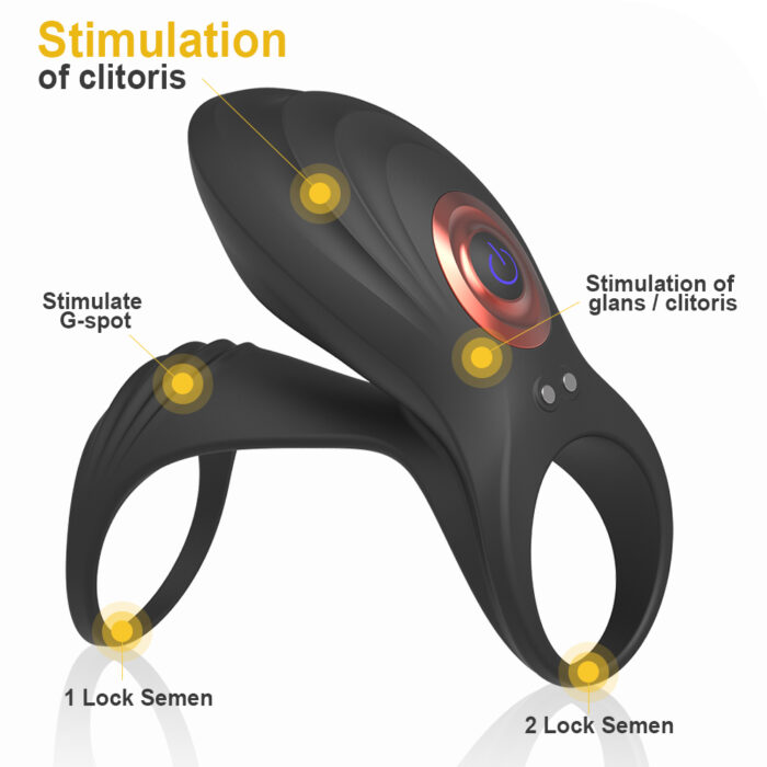 The 'Locking Ring' is a versatile, black vibrating ring designed specifically for male use. It offers multiple functionalities including stimulation of the clitoris, G-spot, and glans penis while also helping to manage premature ejaculation sensitivity. The ring features a power button and has clearly labeled areas for targeted clitoral and G-spot stimulation, as well as designated positions for semen retention. The sleek and modern design makes it an ideal addition to adult play.