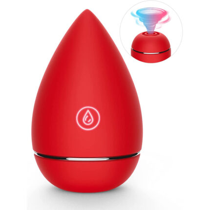 A red, teardrop-shaped beauty egg sucking vibrator featuring an illuminated water droplet symbol. The device boasts a sleek, minimalistic design and an inset image shows it emitting colorful mist in hues of red, blue, and purple.