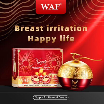 An image showcasing a red and gold jar of cream labeled "Private Intimate Care Cream With Nipple Stimulating Cream Arousal" next to its matching box. The text on the image reads "Breast irritation, Happy life." The packaging features ornate designs and the product volume is 40ml.