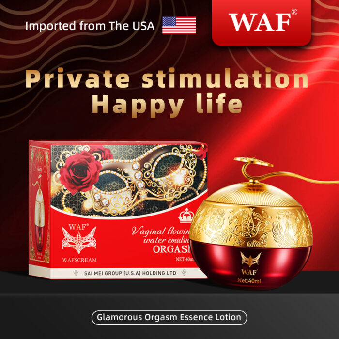 The image depicts an advertisement for the "Female Sexual Pleasure Enhancer Liquid Vaginal Instant Tidal Promoter Fluid" with "Private stimulation Happy life" prominently highlighted. The product is showcased in an ornate, gold and red spherical container placed next to a box adorned with a fancy mask design. At the bottom of the advertisement, the text reads "Glamorous Orgasm Essence Lotion" and mentions that it is imported from the USA.