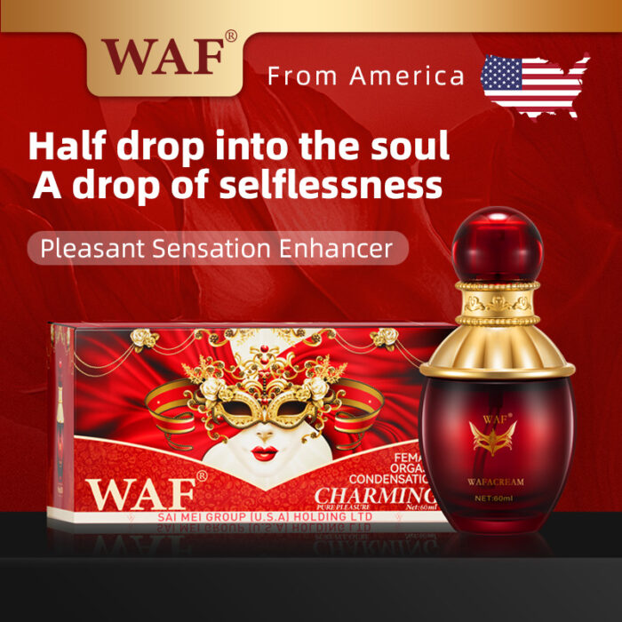 Promotional image for WAF's High-Intensity Enhancer for Women's Pleasure. The image features red and gold packaging and a bottle, adorned with elaborate designs and a masquerade mask illustration. The text reads, "Half drop into the soul, A drop of selflessness" with "From America" indicated alongside a U.S. flag icon.