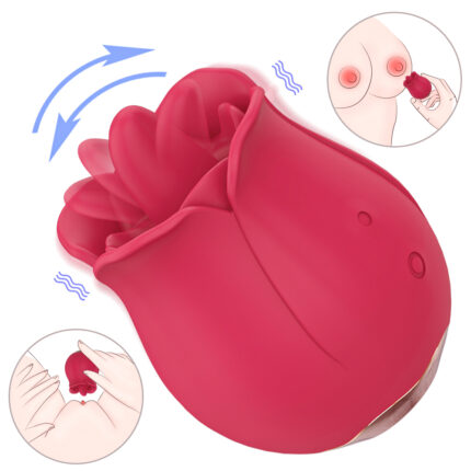 A red rose-shaped silicone object is shown along with illustrations demonstrating its use. One illustration shows it being applied to nipples, and another depicts its use on a finger. Arrows and vibration lines indicate movement and functionality.