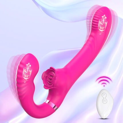 A pink USB-charging double vibration tongue licking vibrator, adorned with a rose-shaped detail in the middle, featuring variable frequency and two visible motors on each end. The image includes a white remote control with a single button and a Wi-Fi icon, all set against a light purple background.